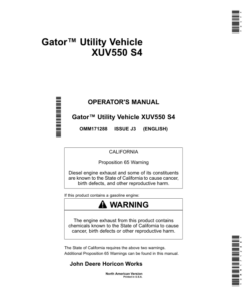John Deere XUV S4 550 Gator Utility Vehicle North America (030001-040000) Operator's Manual (OMM171288)
