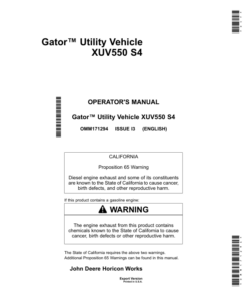 John Deere XUV S4 550 Gator Utility Vehicle Export Edition (030001-040000) Operator's Manual (OMM171294)