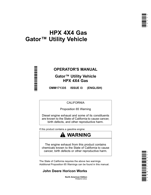 John Deere HPX 4x4 Gator Utility Vehicle Gas North America (120001-130000) Operator's Manual (OMM171335)