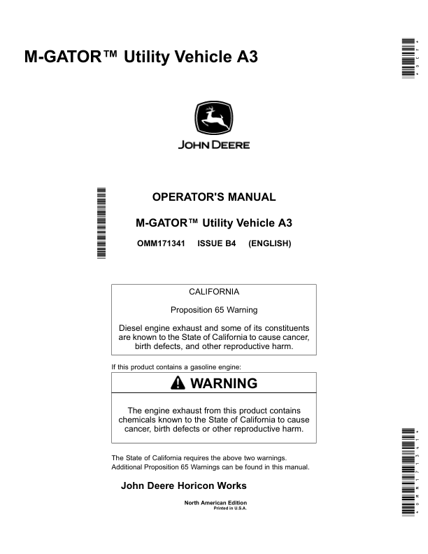 John Deere M-Gator A3 Utility All Terrain Vehicle North America (080001-110000) Operator's Manual (OMM171341)