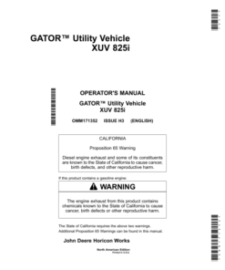 John Deere XUV 825i Gator Utility Vehicle North America (080001-100000) Operator's Manual (OMM171352)