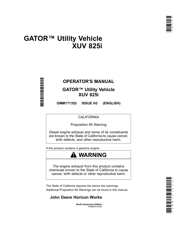 John Deere XUV 825i Gator Utility Vehicle North America (080001-100000) Operator's Manual (OMM171352)