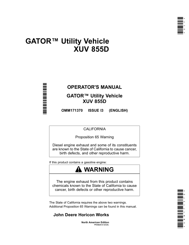 John Deere 855D XUV Gator North America (080001-100000) Operator's Manual (OMM171370)
