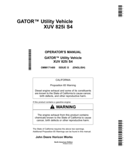 John Deere 825i S4 XUV Gator Utility Vehicle North America (080001-100000) Operator's Manual (OMM171400)