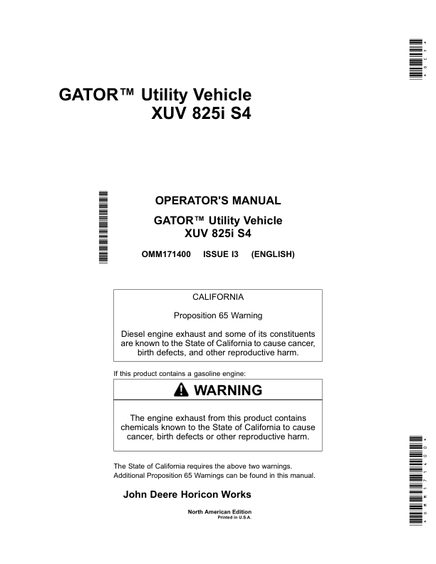 John Deere 825i S4 XUV Gator Utility Vehicle North America (080001-100000) Operator's Manual (OMM171400)