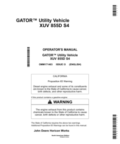 John Deere 855D XUV S4 Gator North America (080001-100000) Operator's Manual (OMM171403)