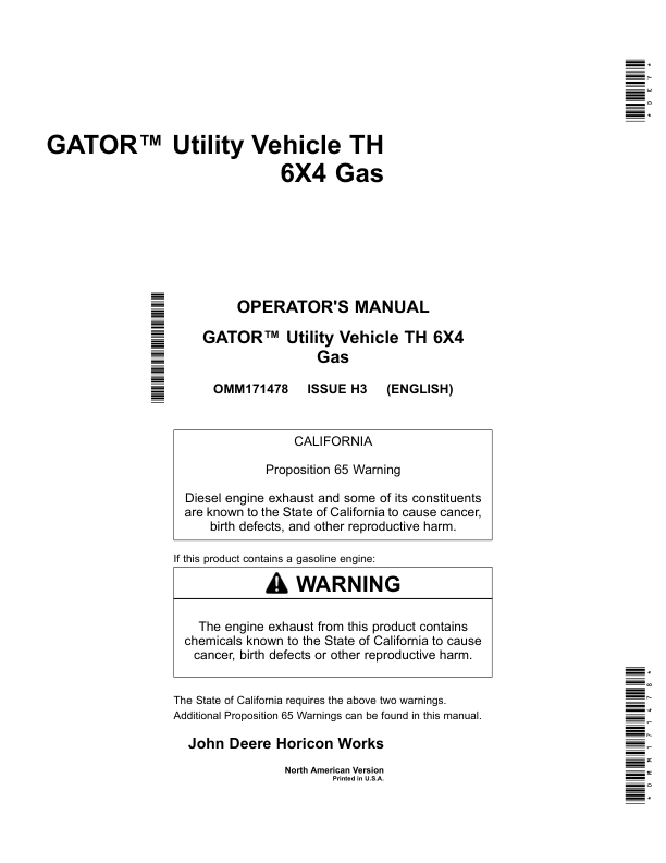 John Deere TH (6x4) Gator Utility Vehicle (Gas) North America (070001-100000) Operator's Manual (OMM171478)
