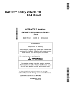 John Deere TH 6X4 Gator Utility Vehicle (Diesel) North America (070001-110000) Operator's Manual (OMM171481)