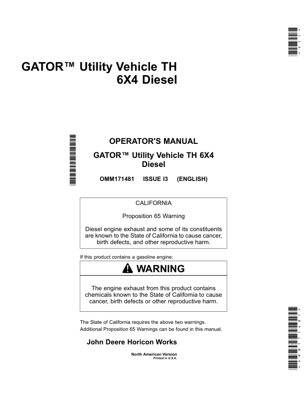 John Deere TH 6X4 Gator Utility Vehicle (Diesel) North America (070001-110000) Operator's Manual (OMM171481)