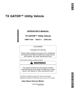 John Deere TX Gator Utility Vehicle North American (Excludes California) (070001-100000) Operator's Manual (OMM171484)