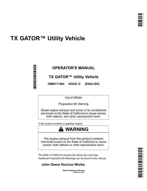 John Deere TX Gator Utility Vehicle North American (Excludes California) (070001-100000) Operator's Manual (OMM171484)