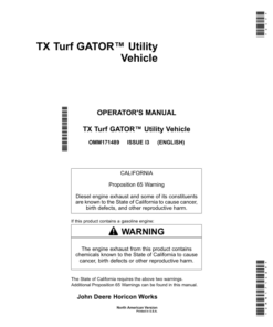 John Deere TX Turf Gator Utility Vehicle North America (070001-100000) Operator's Manual (OMM171489)