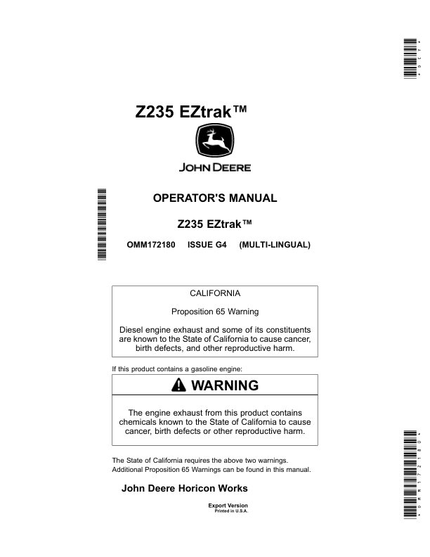 John Deere Z235 EZtrak (Export Version) Operator's Manual (OMM172180)