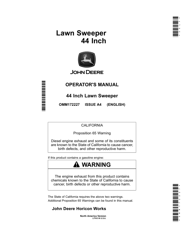 John Deere 44 Inch Lawn Sweeper (L&G Tractors only) Operator's Manual (OMM172227)