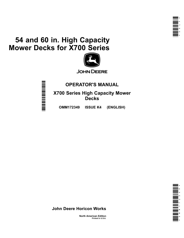 John Deere 54 & 60 In. High Capacity Mower Deck for X700 Series Tractors North America (030001-040000) Operator's Manual (OMM172349)