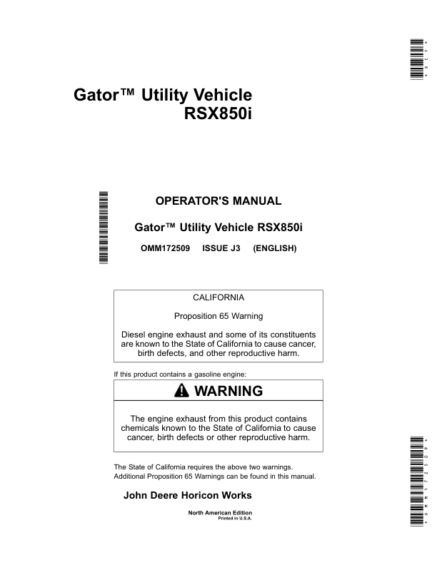 John Deere RSX850i Gator Utility Vehicle North America (010001-030000) Operator's Manual (OMM172509)
