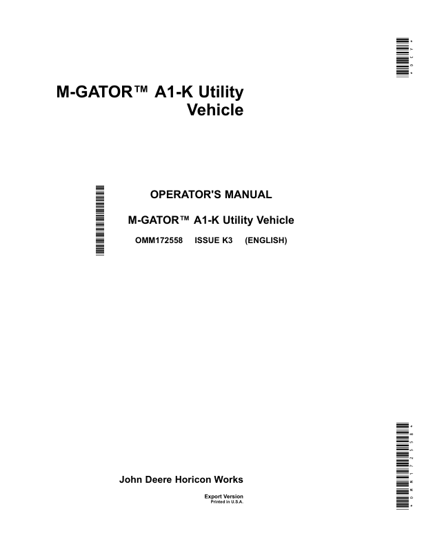 John Deere M-GATOR A1-K Utility Vehicle (110001-) Operator's Manual (OMM172558)