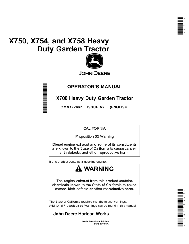 John Deere X750 X754 & X758 Tractors North America (030001-040000) Operator's Manual (OMM172667)