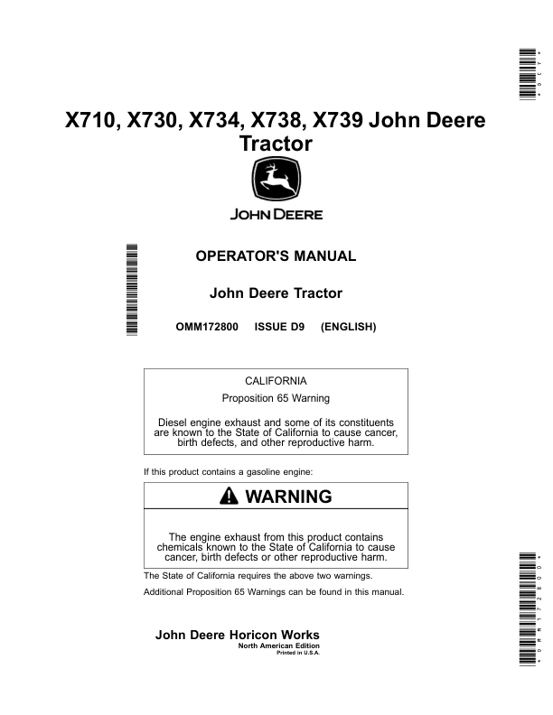 John Deere X710, X730, X734, X738 & X739 Tractors Operator's Manual (OMM172800)