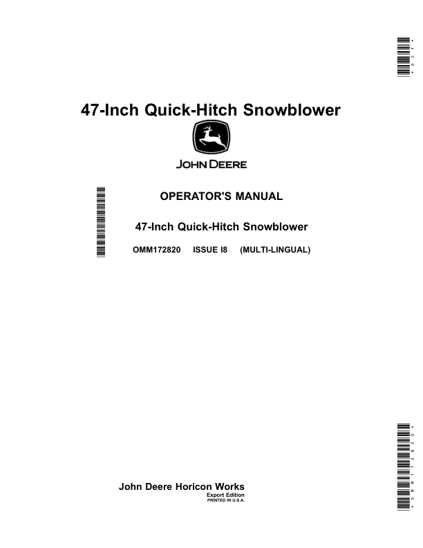John Deere 47-Inch Quick-Hitch Snowblower (Export Edition) Operator's Manual (OMM172820)