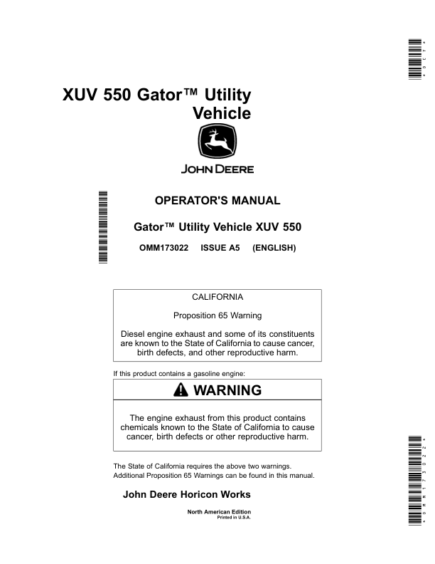 John Deere XUV 550 Gator Utility Vehicle North America (040001-050000) Operator's Manual (OMM173022)