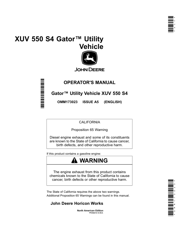 John Deere XUV S4 550 Gator Utility Vehicle North America (040001-050000) Operator's Manual (OMM173023)