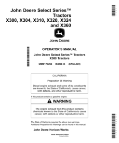 John Deere X300, X304, X320, X324, X340 & X360 Select Series Tractors Operator's Manual (OMM173266)
