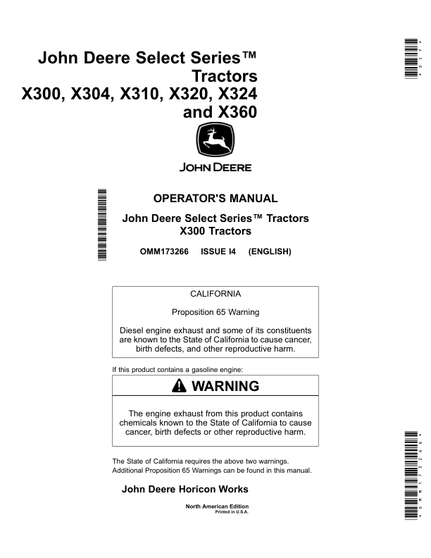 John Deere X300, X304, X320, X324, X340 & X360 Select Series Tractors Operator's Manual (OMM173266)