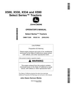 John Deere X500, X530, X534 & X540 Select Series Multi-Terrain Tractors (North American) (100001-110000) Operator's Manual (OMM173268)