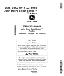 John Deere X300, X304, X310 & X320 Select Series Tractors Export Edition (310001-) Operator's Manual (OMM173269)