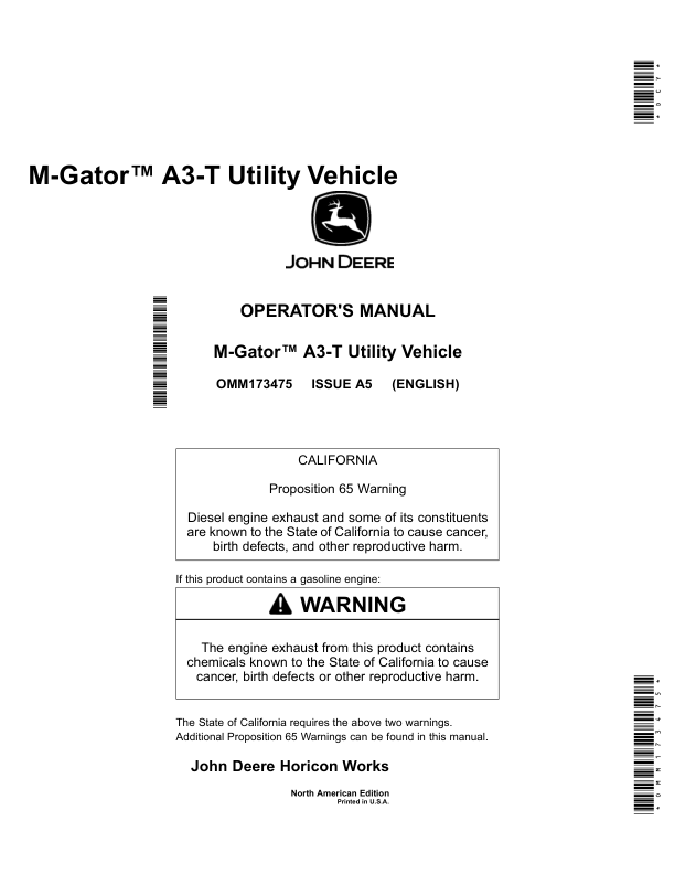John Deere M-Gator A3-T Utility Vehicle North America (010001-020000) Operator's Manual (OMM173475)