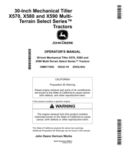 John Deere 30-Inch Mechanical Tillerfor X570, X580, & X590Multi-Terrain Select Series Tractors North American Edtion (090001- ) Operator's Manual (OMM173802)