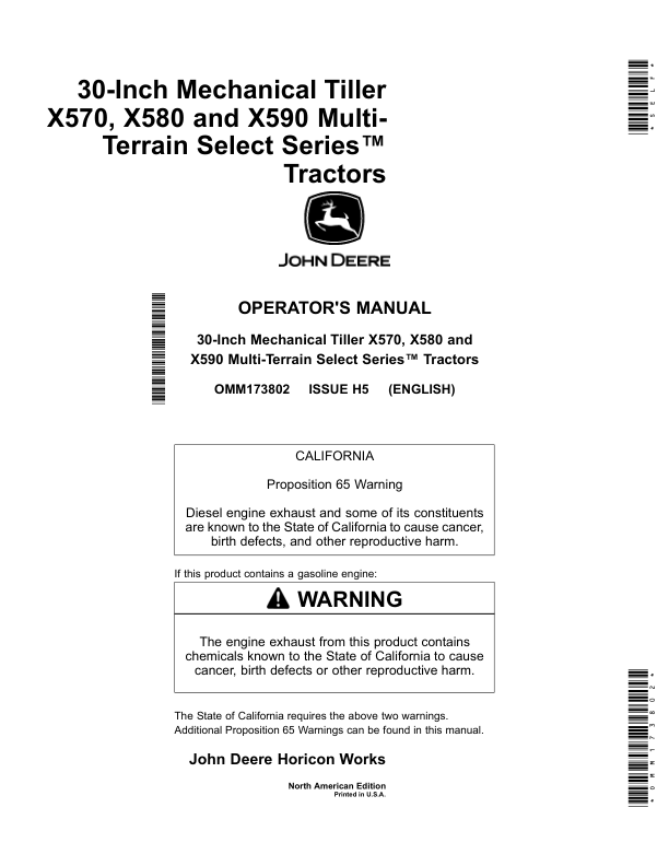 John Deere 30-Inch Mechanical Tillerfor X570, X580, & X590Multi-Terrain Select Series Tractors North American Edtion (090001- ) Operator's Manual (OMM173802)