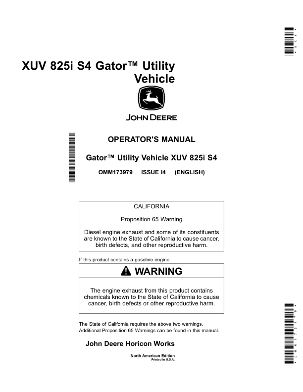 John Deere 825i S4 XUV Gator Utility Vehicle North America (100001- ) Operator's Manual (OMM173979)