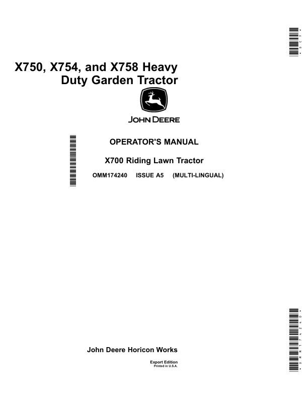 John Deere X750, X754, X758 Heavy Duty Garden Tractor (Export Edition) Operator's Manual (OMM174240)