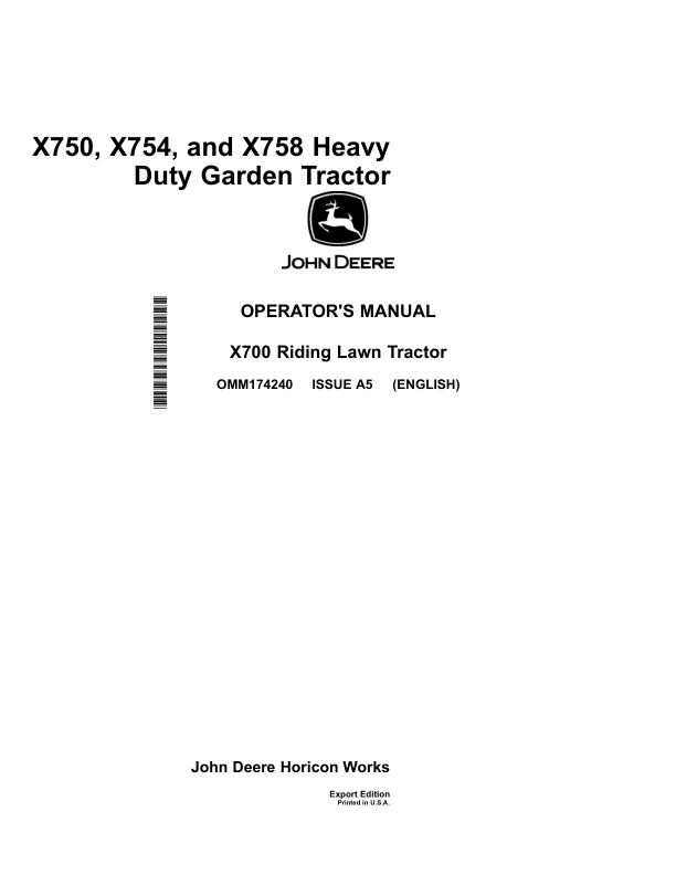 John Deere X750, X754, X758 Heavy Duty Garden Tractor (Export Edition) Operator's Manual (OMM174240) - Image 3