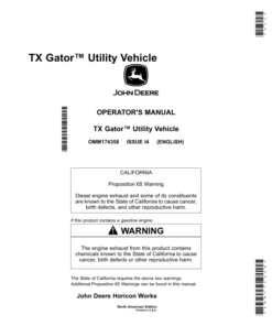 John Deere TX Gator Utility Vehicle North American (Excludes California) (100001-110001) Operator's Manual (OMM174358)