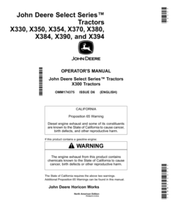 John Deere X330, X350, X354, X370, X380, X384, X390, & X394 Select Series Tractors (010001-020000) (North American) Operator's Manual (OMM174375)