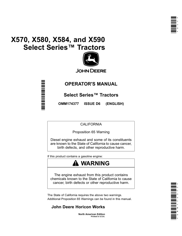 John Deere X570, X580, X584 & X590Select Series Tractors North America (110001- ) Operator's Manual (OMM174377)