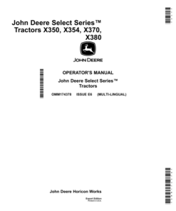 John Deere Select Series Tractors X350, X354, X370, X380 (Export Edition) Operator's Manual (OMM174378)