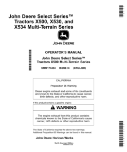 John Deere X500, X520, X534, X540 Multi-Terrain Select Series Tractors North America (090001-100000) Operator's Manual (OMM174454)
