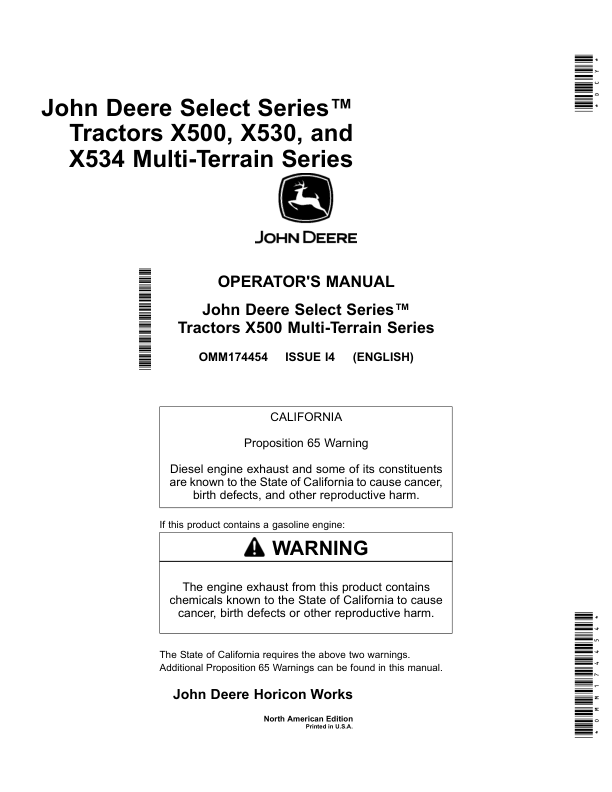 John Deere X500, X520, X534, X540 Multi-Terrain Select Series Tractors North America (090001-100000) Operator's Manual (OMM174454)