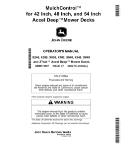 John Deere MulchControl For 42 Inch, 48 Inch, 54 Inch Accel Deep Mower Decks (Start-May 2020) (Worldwide Edition) Operator's Manual (OMM174507)