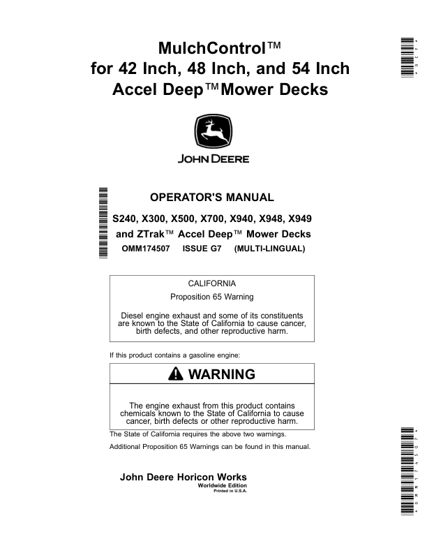 John Deere MulchControl For 42 Inch, 48 Inch, 54 Inch Accel Deep Mower Decks (Start-May 2020) (Worldwide Edition) Operator's Manual (OMM174507)