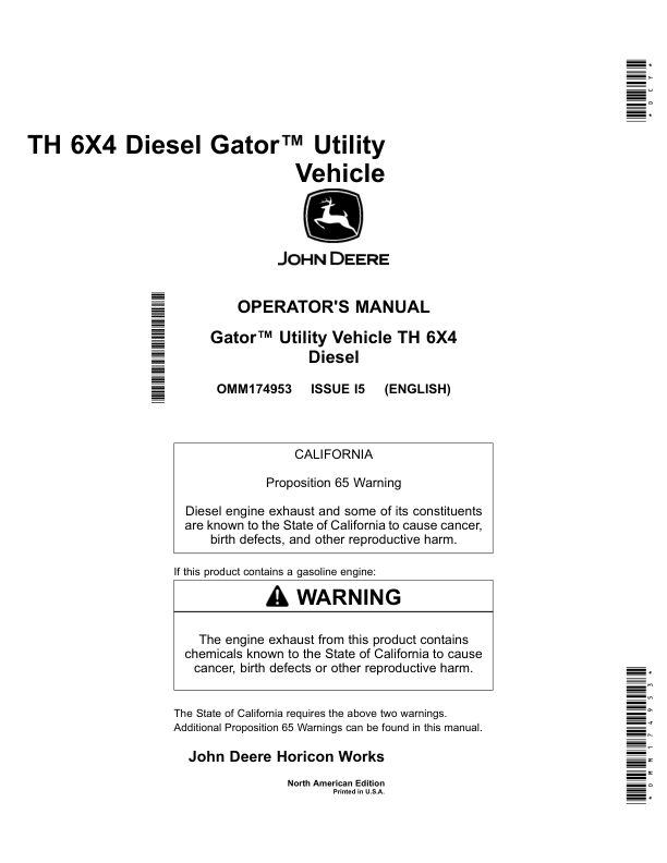 John Deere TH (6x4) Gator Utility Vehicle (Diesel)North America (110001- ) Operator's Manual (OMM174953)