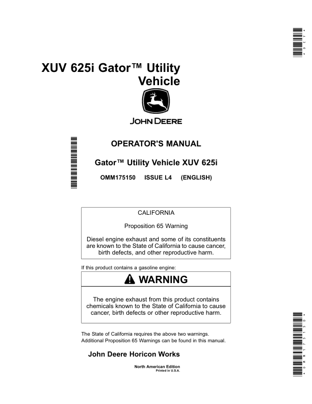 John Deere 625i XUV Gator North America (100001-110000) Operator's Manual (OMM175150)