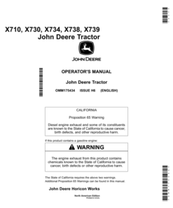 John Deere X710, X730, X734, X738 & X739 Heavy Duty Garden Tractor (North American) Operator's Manual (OMM175434)