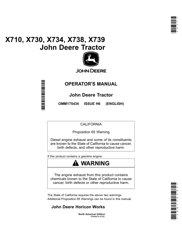 John Deere X710, X730, X734, X738 & X739 Heavy Duty Garden Tractor (North American) Operator's Manual (OMM175434)