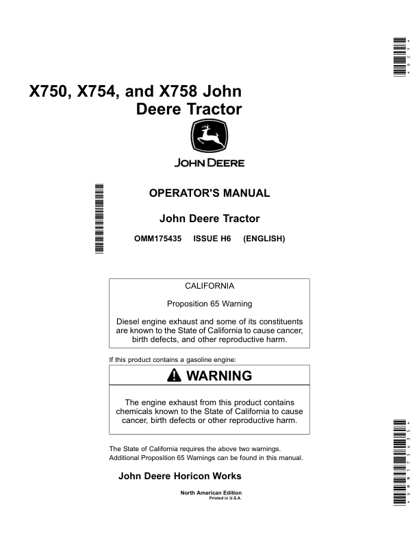 John Deere X750, X754 & X758 Garden Tractors (North American) Operator's Manual (OMM175435)