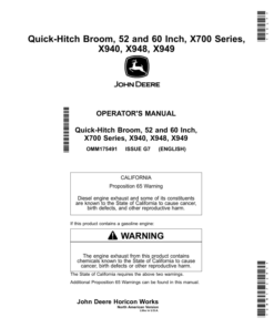 John Deere 52 & 60 Inch Quick-Hitch Broom, X700 & X900 Series Tractors with Serial Numbers 040001- & above Operator's Manual (OMM175491)
